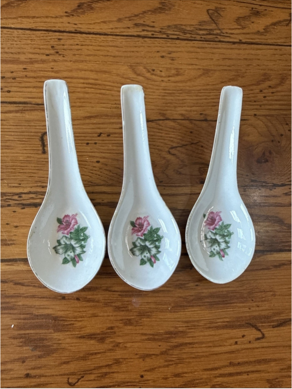 Antique Chinese Soup Spoons Porcelain Rose Floral Design Transfer Printing Motif